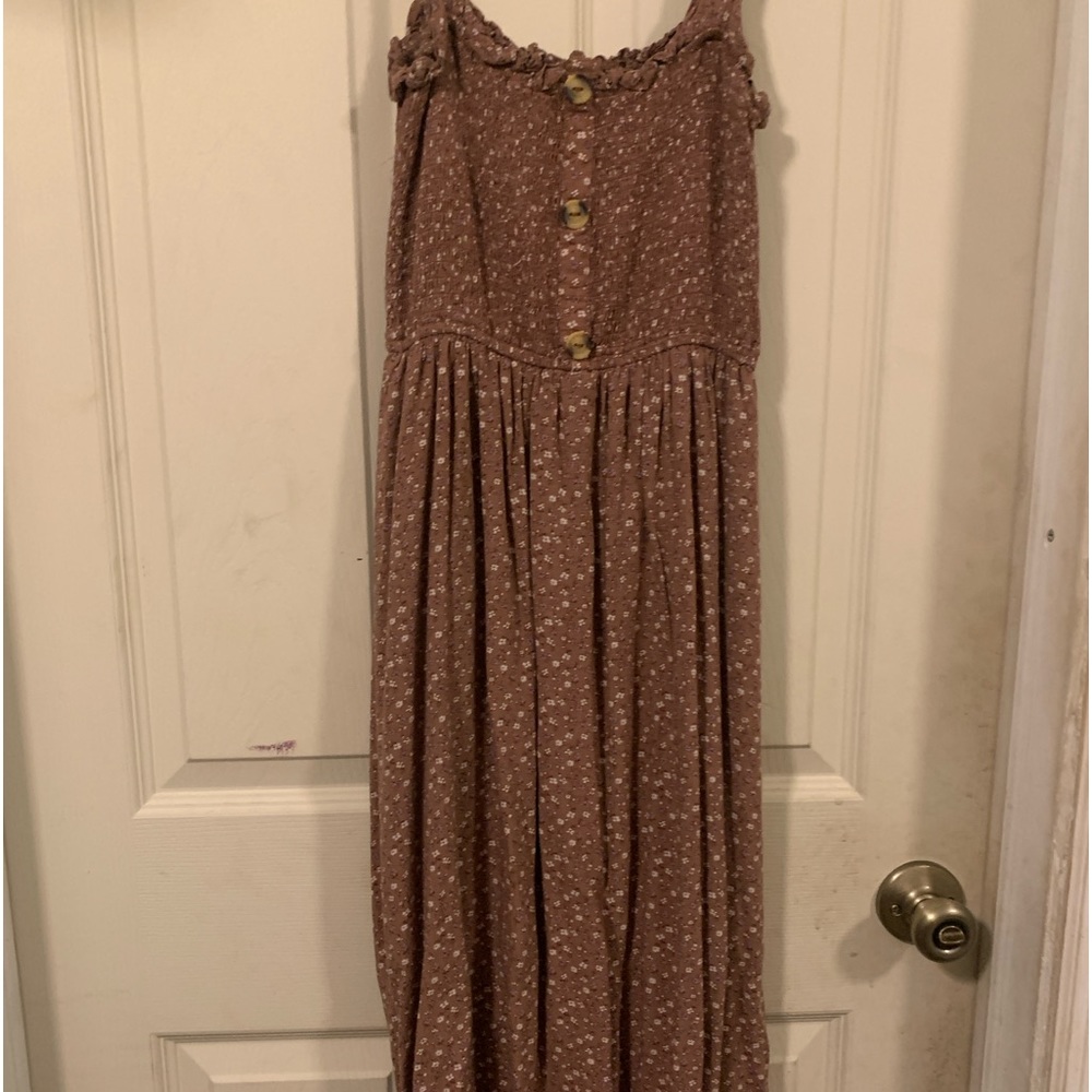 brown liberty love dress with lavender and creme flowers
